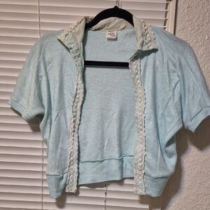 Vintage Light Blue Cardigan with Lace Trim